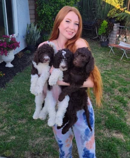 Autumn holding three puppies
